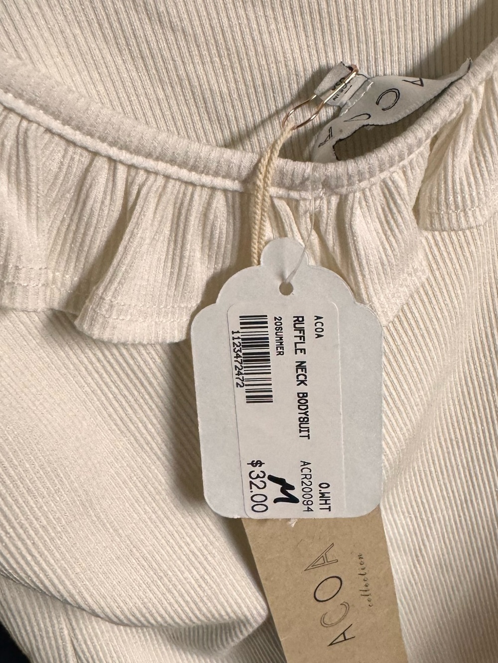 ACOA Collection Ivory Ribbed Ruffle-Neck Bodysuit  Medium - Picture 4 of 4